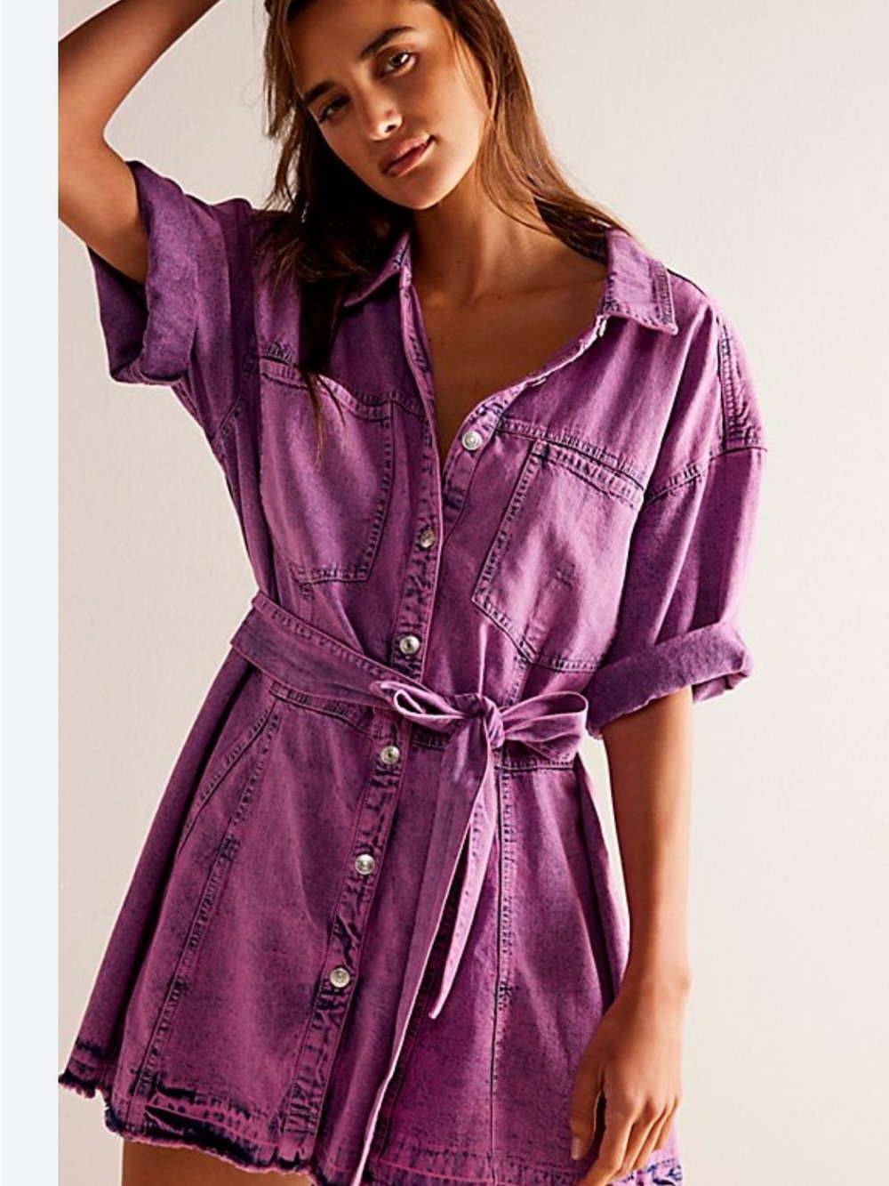 Purple Button-Front Denim Shirt Dress with Tie Belt